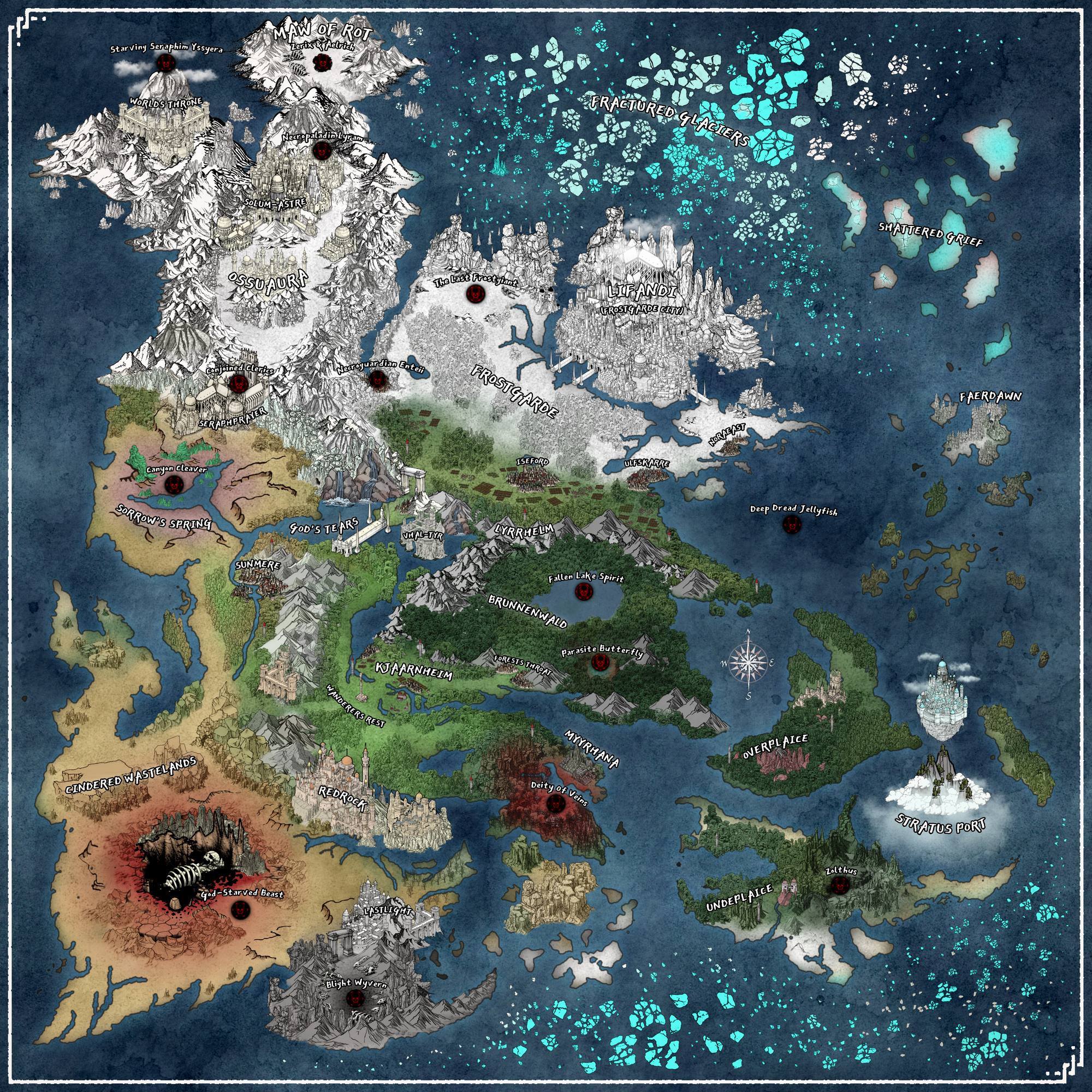 Map of the world of Corpseblighted &mdash; from Frostgarde in the north to the Cindered Wastelands