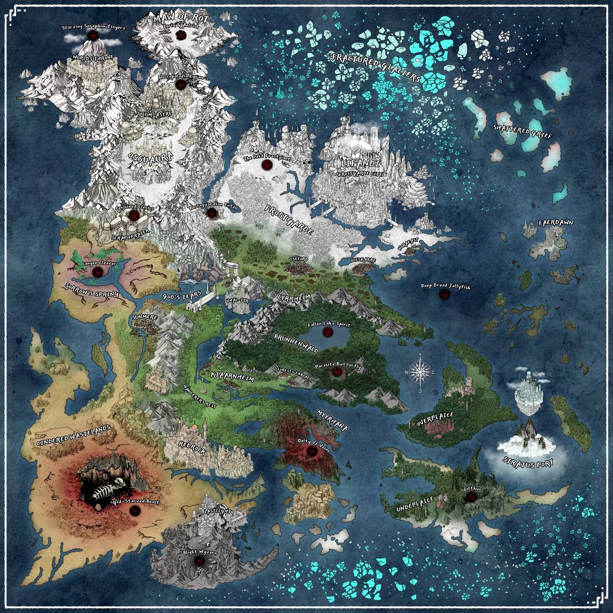 Map of the world of Corpseblighted, from Frostgarde in the north to the Cindered Wastelands
